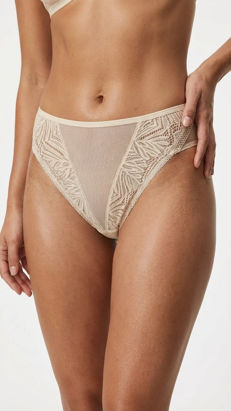 Orta Bikini Külot Tül Yan Bant Şeffaf İç Çamaşırı Model Ecru - Orta Bikini Külot Modeli Detayı - LunaIntim